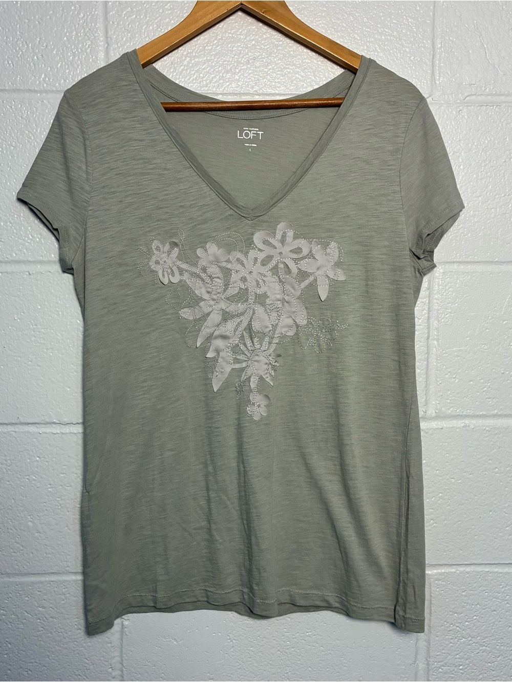 Loft grey floral applique embroidered vneck top